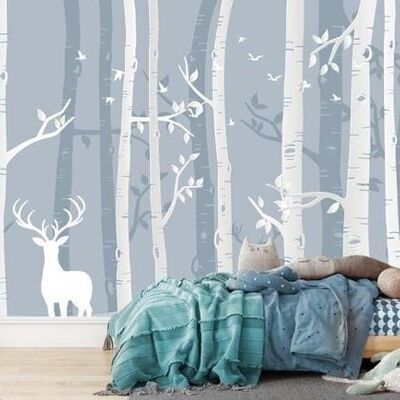 Papier peint forêt scandinave bouleau & cerf L450cm x H260cm
