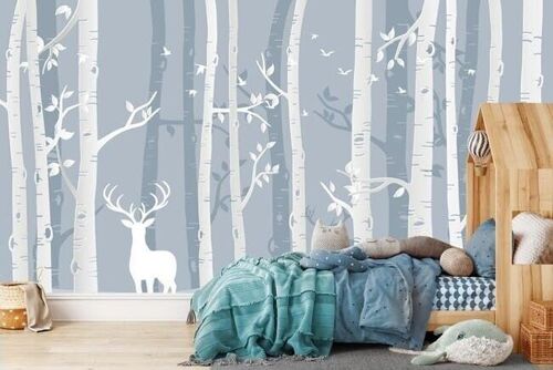 Papier peint forêt scandinave bouleau & cerf L225cm x H260cm