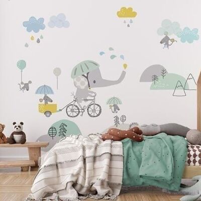 Papier peint enfant éléphant à vélo L450cm x H260cm