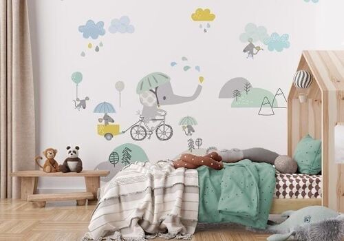 Papier peint enfant éléphant à vélo L375cm x H260cm