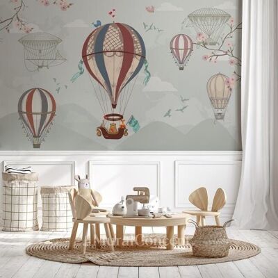 Vintage hot air balloon and animals children's wallpaper L450cm x H260cm