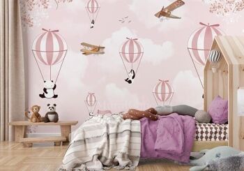 Papier peint enfant panda nuage rose L450cm x H260cm