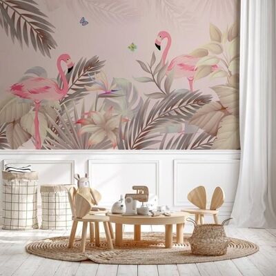 Papier peint enfant palm & flamant rose L450cm x H260cm