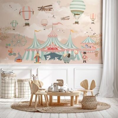 Papier peint enfant circus animaux rose clair L225cm x H260cm