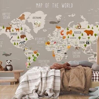 Carta da parati per bambini mappa del mondo illustrata animali beige L375cm x H260cm