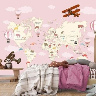 Carta da parati per bambini mappa del mondo aereo rosa L450cm x H260cm