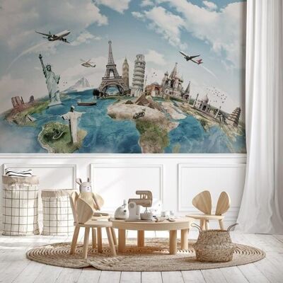 Children's wallpaper world map & monument L375cm x H260cm