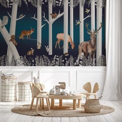 Children's wallpaper enchanted wood and its starry night animals L375cm x H260cm