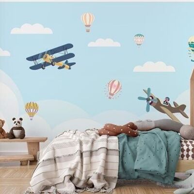 Papel pintado infantil avión nube L450cm x H260cm