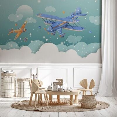 Papier peint enfant avion neige L450cm x H260cm