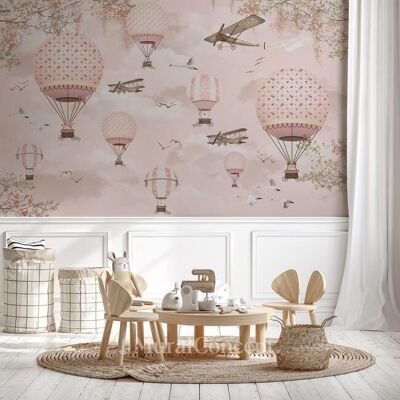 Papel pintado infantil animales en globo aerostático rosa melocotón L375cm x H260cm