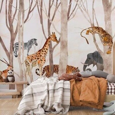Papel pintado infantil animales de la selva y el bosque L375cm x H260cm
