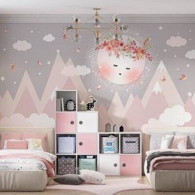 Pink sky wallpaper with crisp moon L450cm x H260cm