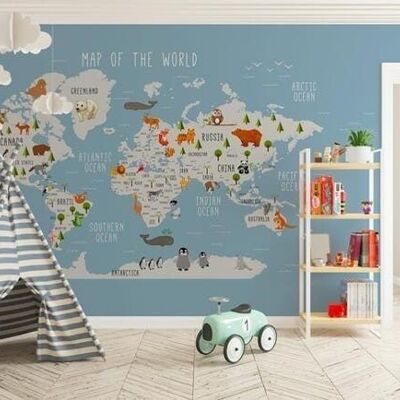 Illustrated world map wallpaper with light blue animals L450cm x H260cm