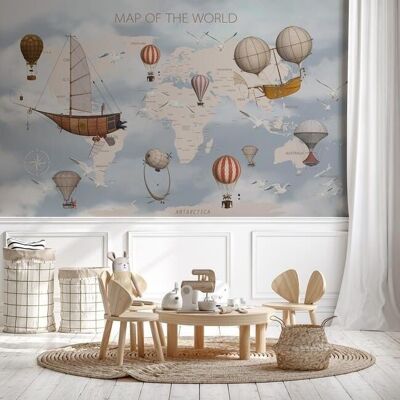 Papel pintado vintage con mapa del mundo para niños L225cm x H260cm