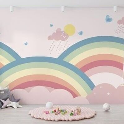 Carta da parati arcobaleno e orso sulla bicicletta L225 cm x H260 cm