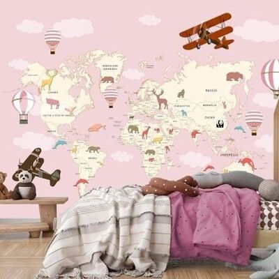 Papier peint enfant carte du monde avion rose L375cm x H260cm