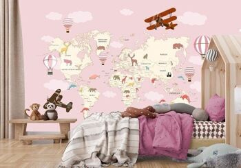 Papier peint enfant carte du monde avion rose L375cm x H260cm