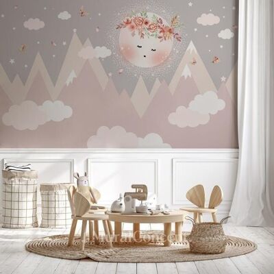 Papier peint enfant lune rose montagne scandinave L375cm x H260cm