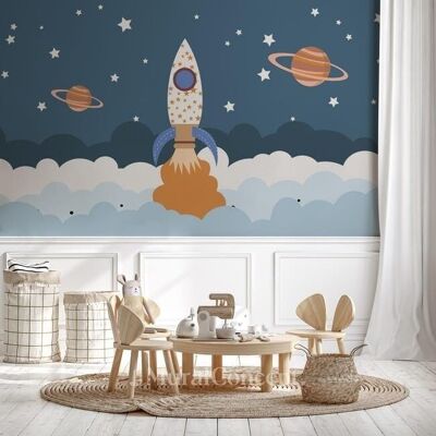 Children's wallpaper rocket universe space L375cm x H260cm