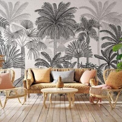 Papel pintado de jungla de palmeras en blanco y negro L375cm x H260cm