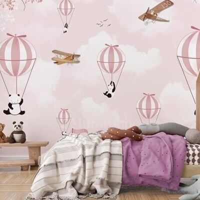 Papier peint enfant panda nuage rose L225cm x H260cm