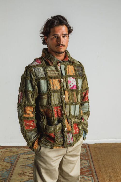 Gray Patchwork Men Jacket in Green