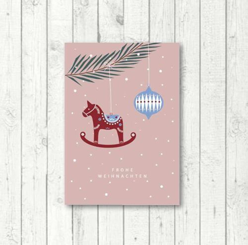 Weihnachtspostkarte "Dalapferd rosé"