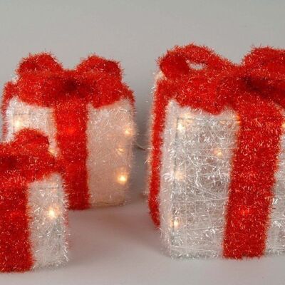 Cajas de regalo de sisal con luces blancas cálidas preiluminadas y cinta en rojo