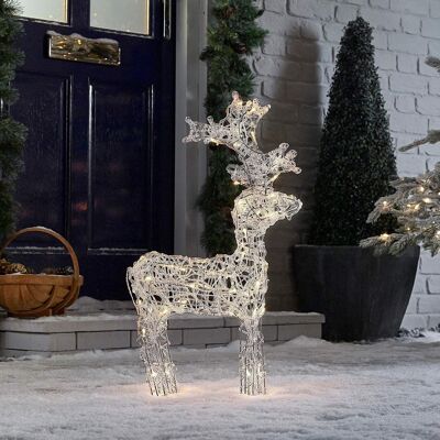 Renna natalizia da esterno in acrilico, grande 60 cm, pre-illuminata con decorazione a LED bianchi caldi