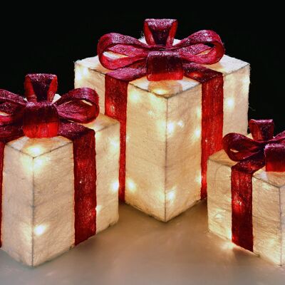Cajas de regalo de sisal con luces blancas cálidas preiluminadas y cinta en blanco/rojo