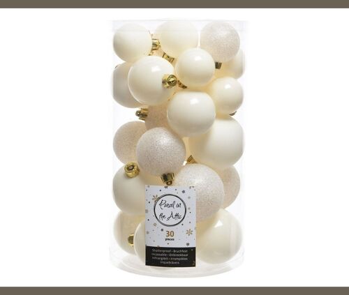 Christmas Shatterproof Baubles - Mixed Tube of 30 Shiny, Matt and Glitter Finish Baubles in Wool White