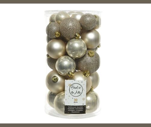 Christmas Shatterproof Baubles - Mixed Tube of 30 Shiny, Matt and Glitter Finish Baubles in Pearl