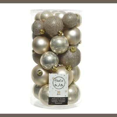 Bolas navideñas irrompibles: tubo mixto de 30 bolas con acabado brillante, mate y brillante en color perla