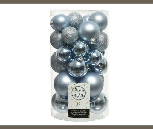 Christmas Shatterproof Baubles - Mixed Tube of 30 Shiny, Matt and Glitter Finish Baubles in Winter Blue Sky