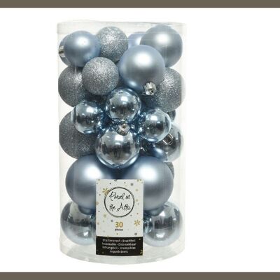 Christmas Shatterproof Baubles - Mixed Tube of 30 Shiny, Matt and Glitter Finish Baubles in Winter Blue Sky