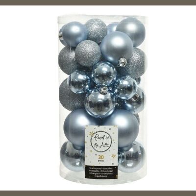 Boules de Noël incassables - Tube mixte de 30 boules au fini brillant, mat et pailleté dans un ciel bleu d'hiver