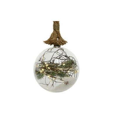 Boule de Noël en verre illuminée avec décor de pin enneigé et corde de jute (LED blanc chaud alimentée par batterie)