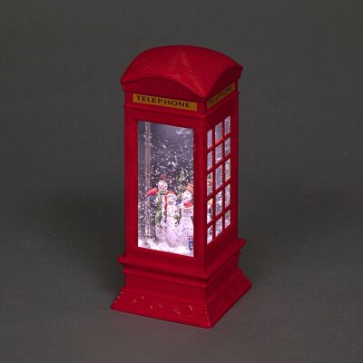 Globo navideño iluminado, cabina telefónica, linterna de agua con escena de muñeco de nieve