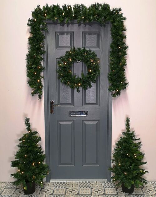 Set of 4 Christmas Light up Door Set Decoration Kit - 90cm Trees / Garland & 60cm Wreath - Pre Lit with Warm White Led 