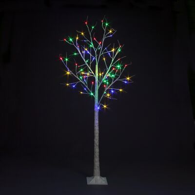 Vorbeleuchteter weißer Weihnachtsbirkenbaum mit 150 cm Höhe und 64 mehrfarbigen Mikro-LEDs