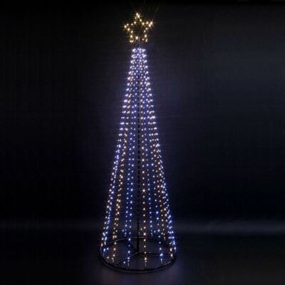 Arbre pyramidal de Noël extérieur pré-éclairé de 2,1 m/7 pieds, facile à installer, avec 595 LED blanches chaudes et froides