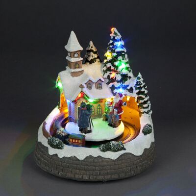Scène de village de Noël à LED avec train en marche, Père Noël, enfants et musique, fonctionne sur batterie