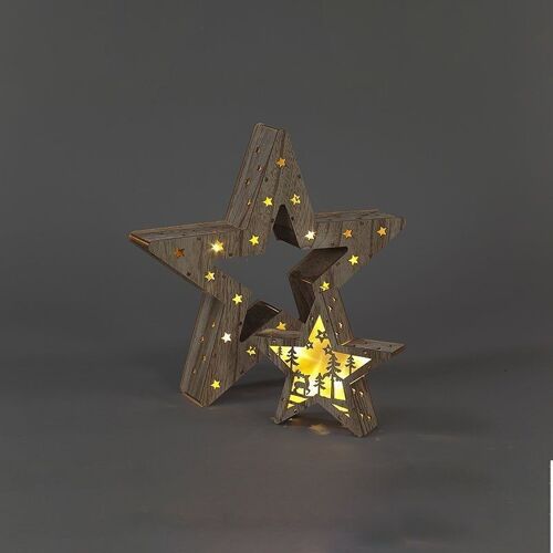 Christmas Set of 2 Rustic Wooden Stars Duo Light Up Decoration Table top Ornament Scene