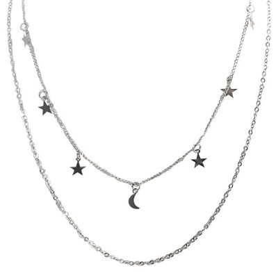Mehrschichtige Halskette mit Stern und Mond, Silber