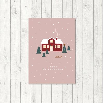 Weihnachtspostkarte "Schwedenhaus rosa"