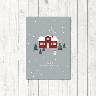 Weihnachtspostkarte "Schwedenhaus blau"