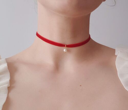 Pearl Velvet Choker Dark-Red