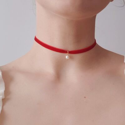 Perlensamt-Halsband Dunkelrot