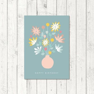 Carte postale anniversaire "Bouquet de fleurs bleu-vert"